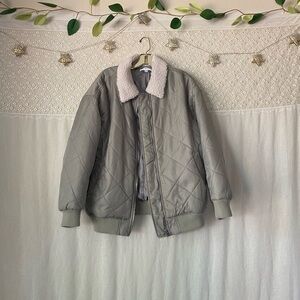 Mable anthropology green bomber quilted jacket with faux fur Sherpa collar